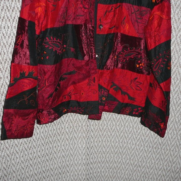 Chico's 1 Silk Embroidered Red Black Jacket M - Picture 7 of 9